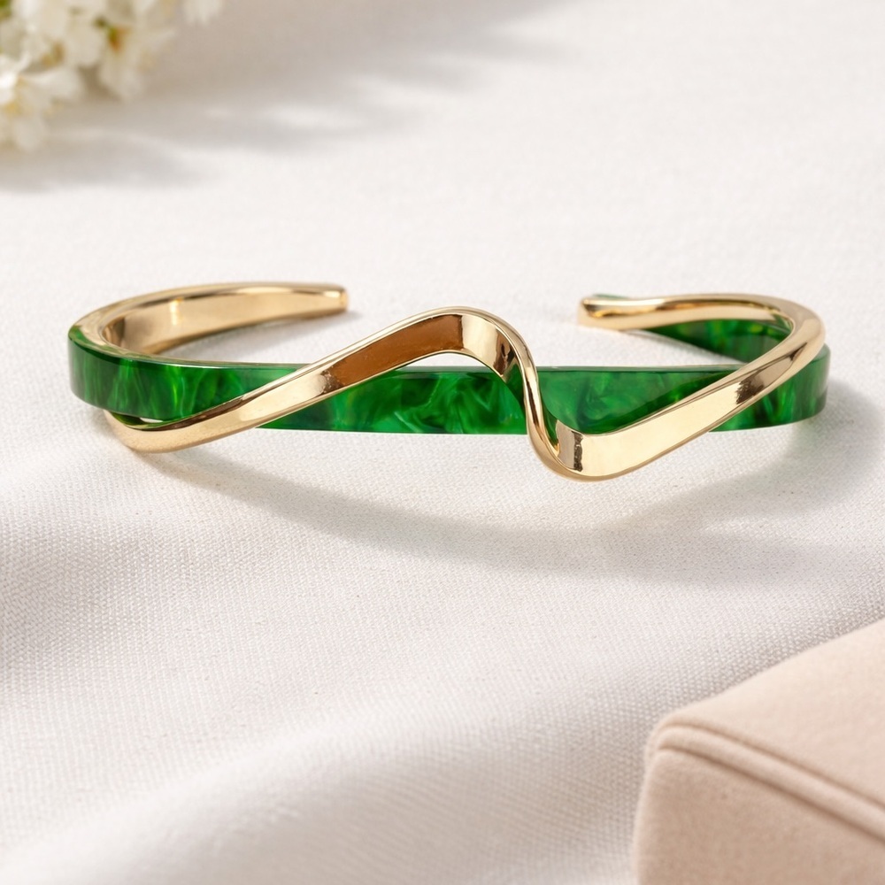 Gold-Tone Wave Cuff with Emerald Green Inlay